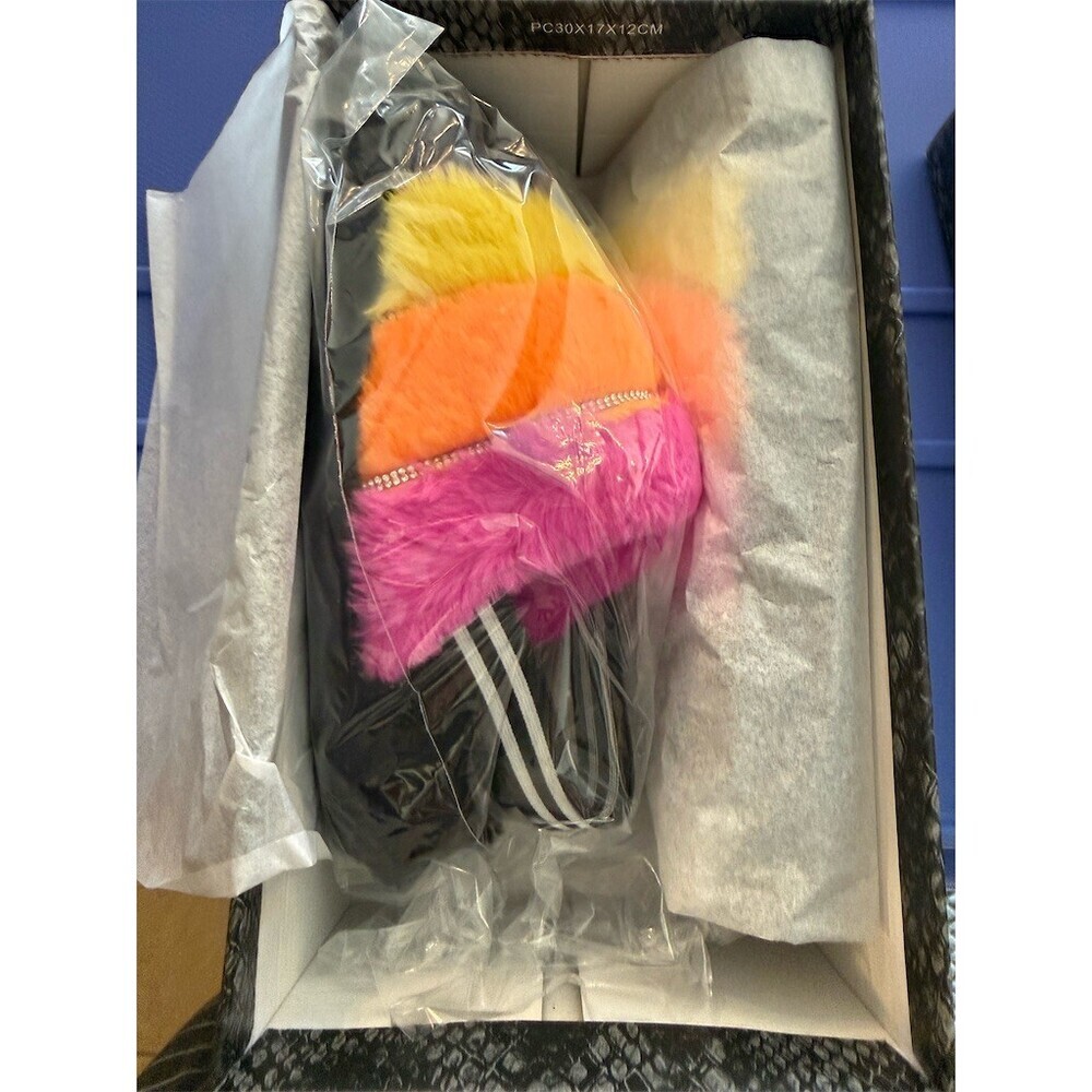 MDT plush fur Womens Slingback Slide Sandals Multicolor Striped - Picture 3 of 5